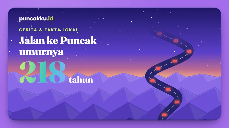 Ilustrasi jalan berkelok di pegunungan Puncak pada malam hari dengan deretan lampu mobil yang macet